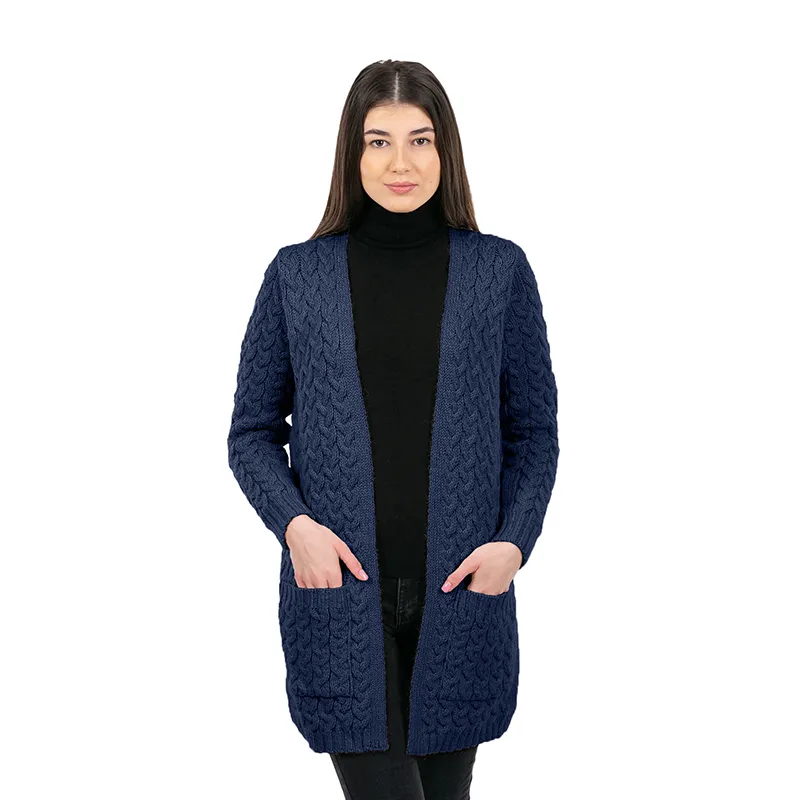 A20305 Merino Long Cable Knit Coat NAVY BLUE Studio Gaelsong 