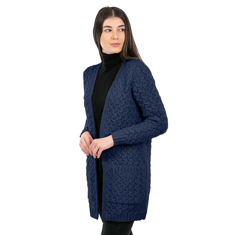 A20305 Merino Long Cable Knit Coat NAVY BLUE Studio Back Side View Gaelsong 