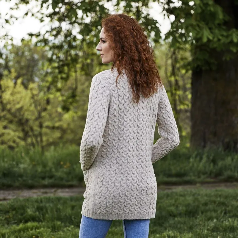 A20305 Merino Long Cable Knit Coat PARSNIP Lifestyle Back Side View Gaelsong 