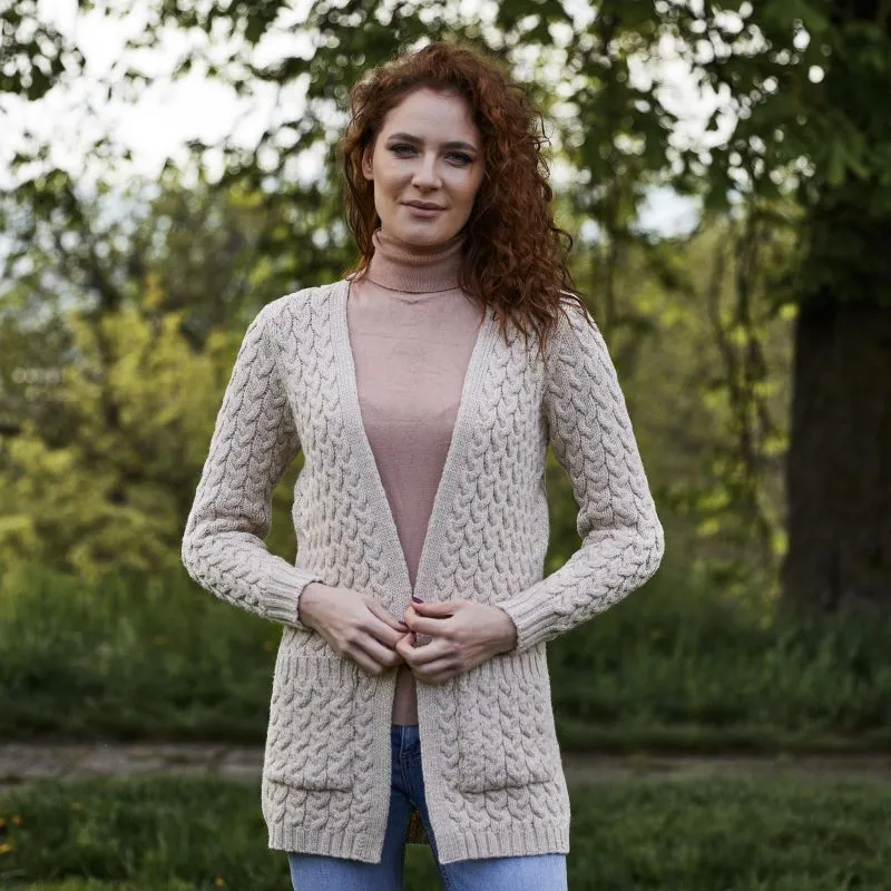A20305 Merino Long Cable Knit Coat PARSNIP Lifestyle Gaelsong 