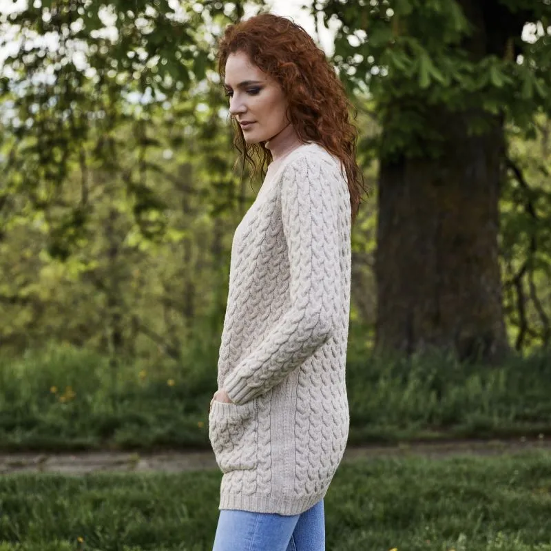 A20305 Merino Long Cable Knit Coat PARSNIP Lifestyle Side View Gaelsong 