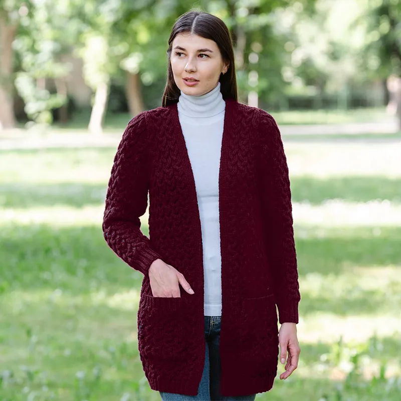 A20305 WINE Colour Merino Long Cable Knit Coat Lifestyle Gaelsong 