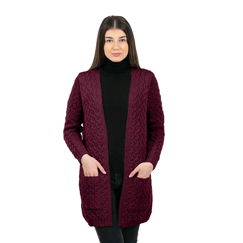 A20305 Merino Long Cable Knit Coat WINE Studio Gaelsong 