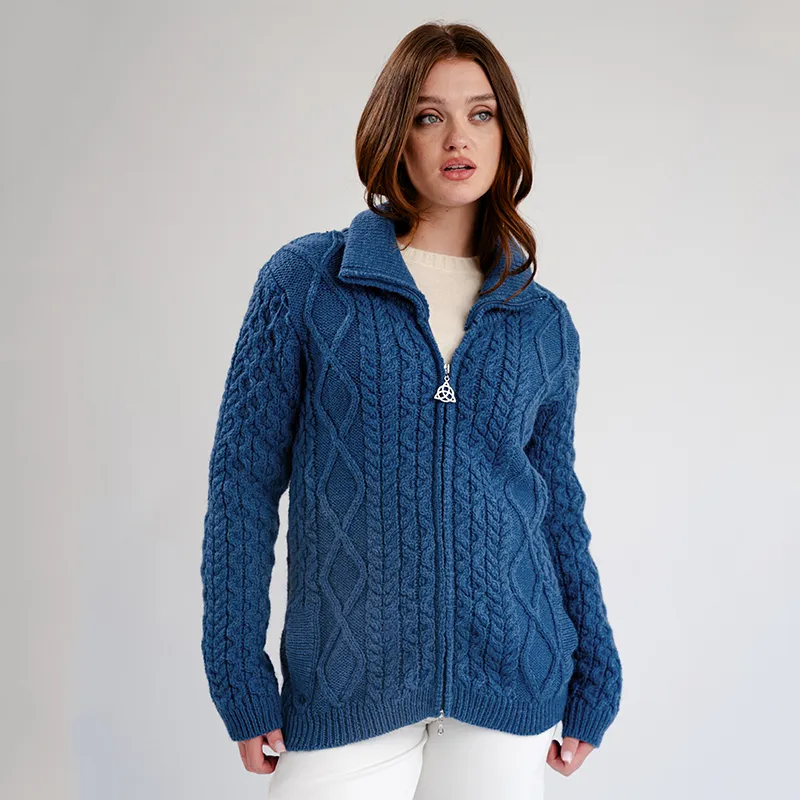 A20306 Ladies Merino Irish Bomber Jacket in TEAL BLUE Colour Studio Front View  Gaelsong 