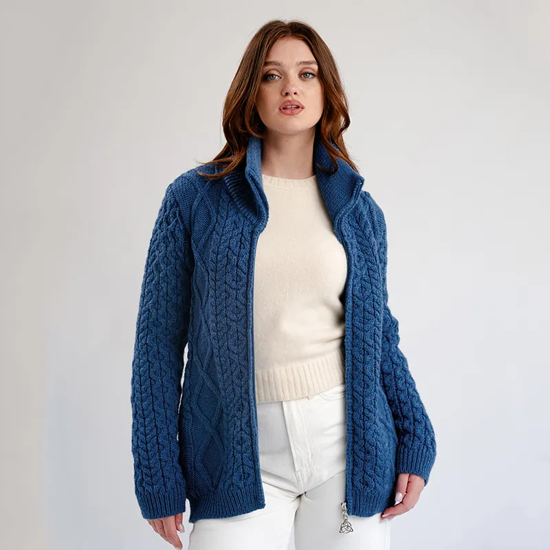A20306 Ladies Merino Irish Bomber Jacket in TEAL BLUE Colour Studio Onpen Style View Gaelsong 