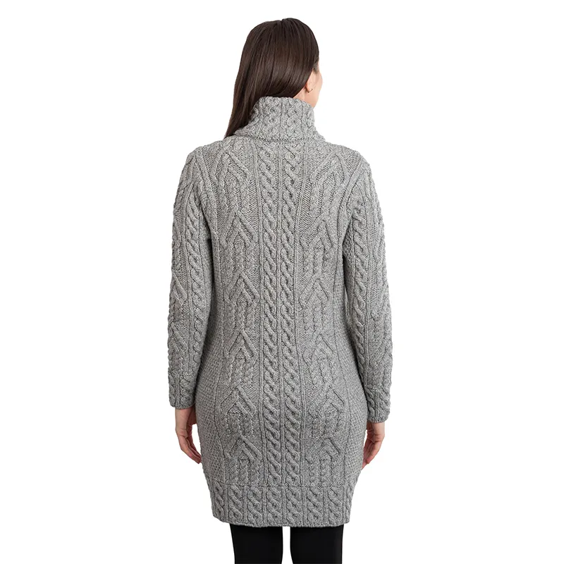 A20307 Ladies Merino Long Aran Pattern Coat GREY Colour Studio Back Side View Gaelsong 