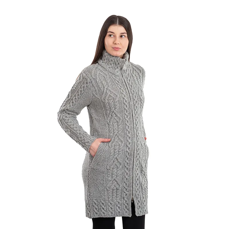 A20307 Ladies Merino Long Aran Pattern Coat GREY Colour Studio Side View Gaelsong 