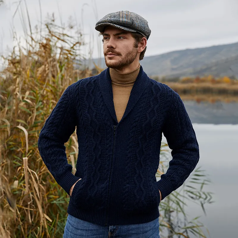 SAOL Irish Fisherman Merino Wool Sweater – Men’s Cable Knit Aran Zip Neck Cardigan