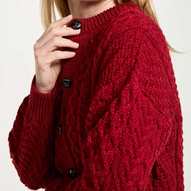 A20315 RICH RED Colour Merino Aran Designed Women's Irish Cardigan Closeup Knit View Gaelsong