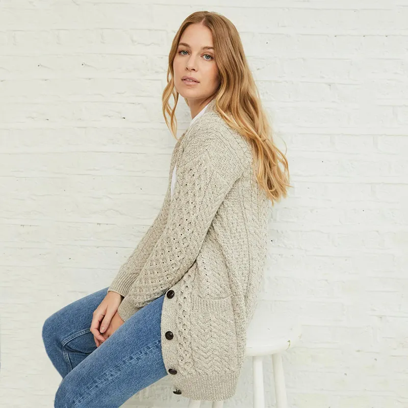 A20316 MISTY GREY Colour Women's Boyfriend Fit Aran Merino Cardigan Lifestyle Gaelsong