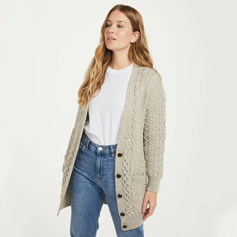 A20316 MISTY GREY Colour Women's Boyfriend Fit Aran Merino Cardigan Open Front StyleGaelsong