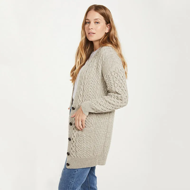 A20316 MISTY GREY Colour Women's Boyfriend Fit Aran Merino Cardigan Side View Gaelsong