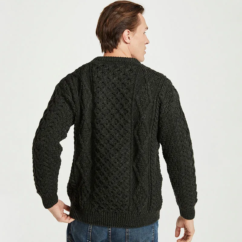 A20318 Color MOSS GREEN Mens Aran Honeycomb Fisherman Jumper Back View Gaelsong