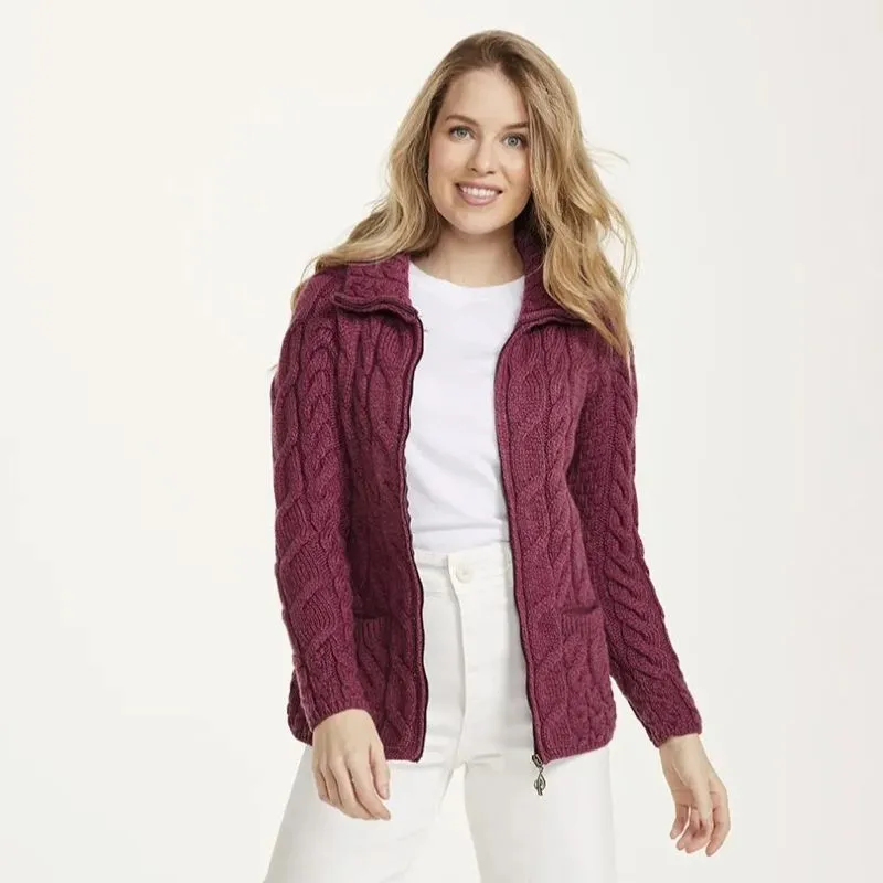 A20321 Color JAM RED SuperSoft Merino Chunky Cable Knit Cardigan Gaelsong