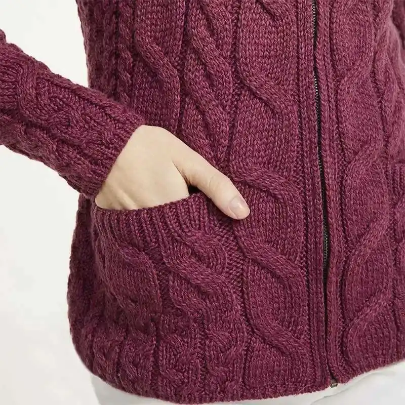 A20321 Color JAM RED SuperSoft Merino Chunky Cable Knit Cardigan Detailed Gaelsong