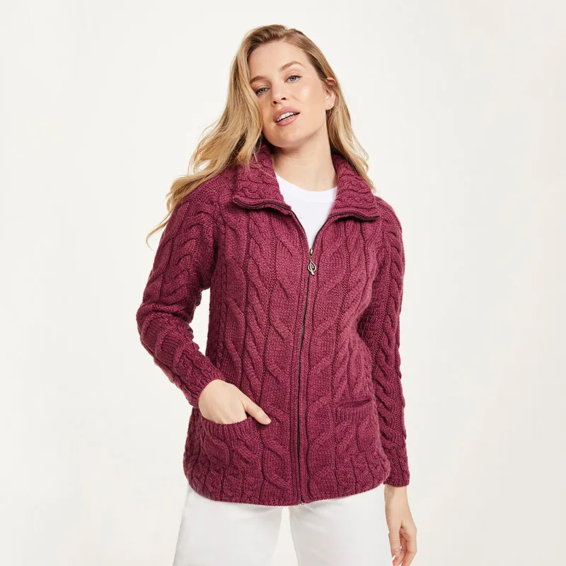 A20321 Color JAM RED SuperSoft Merino Chunky Cable Knit Cardigan Front Side Gaelsong
