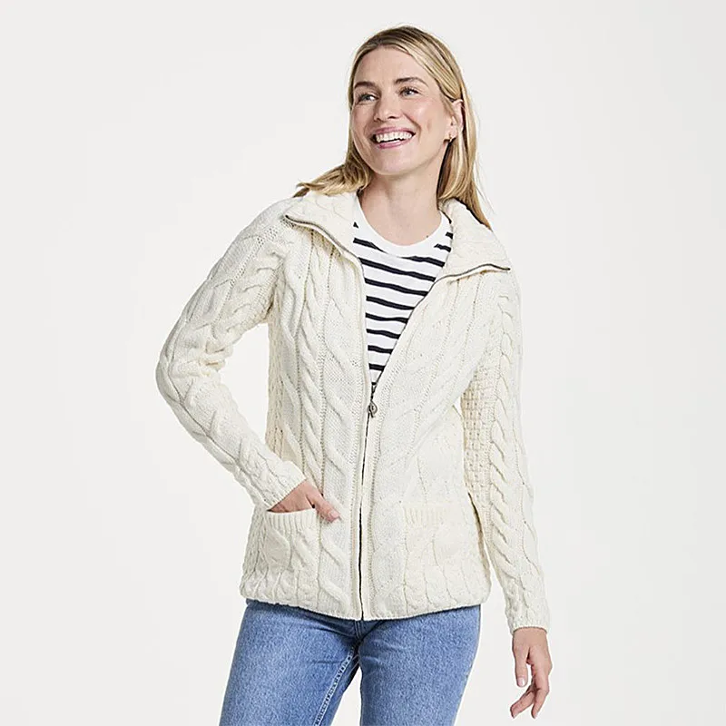 A20321 Color NATURAL WHITE SuperSoft Merino Chunky Cable Knit Cardigan Front Side Gaelsong