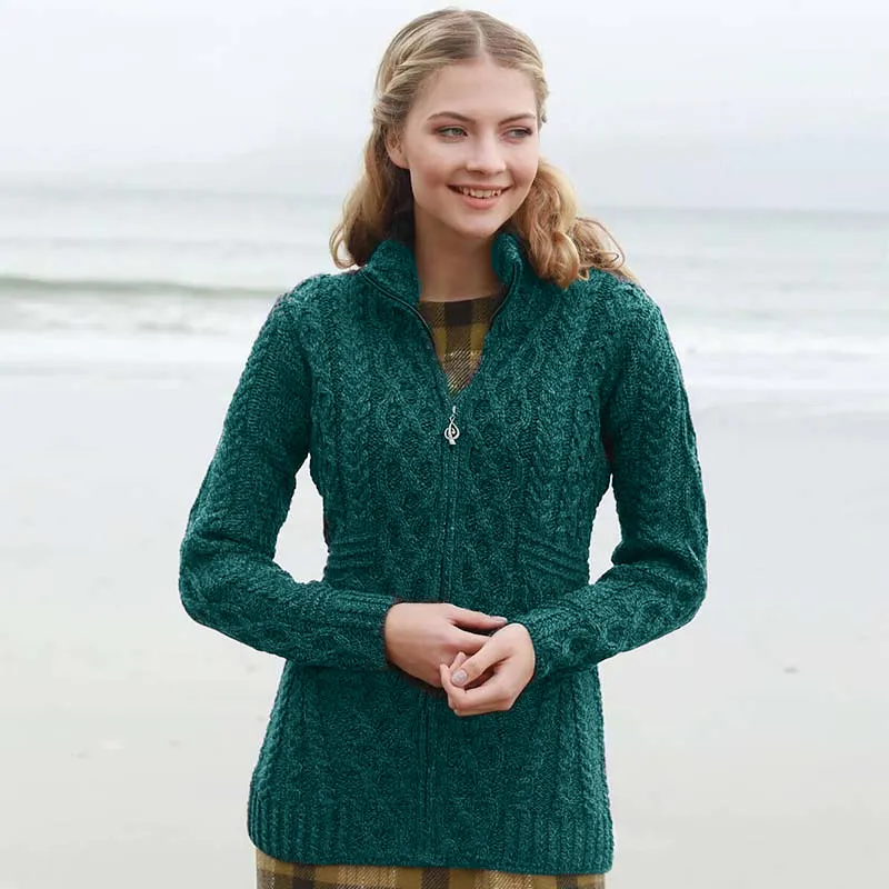 A20322 Color CONNEMARA GREEN Premium Merino Long Aran Knit Cardigan Gaelsong
