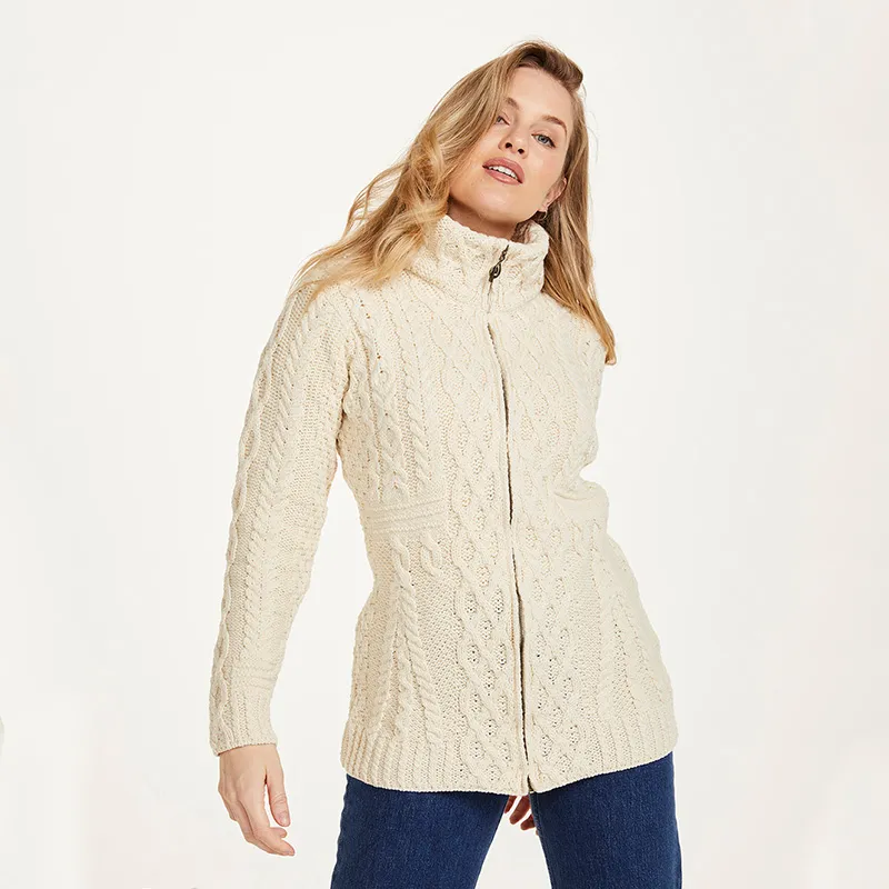 A20322 Color NATURAL WHITE Premium Merino Long Aran Knit Cardigan Front Side Gaelsong