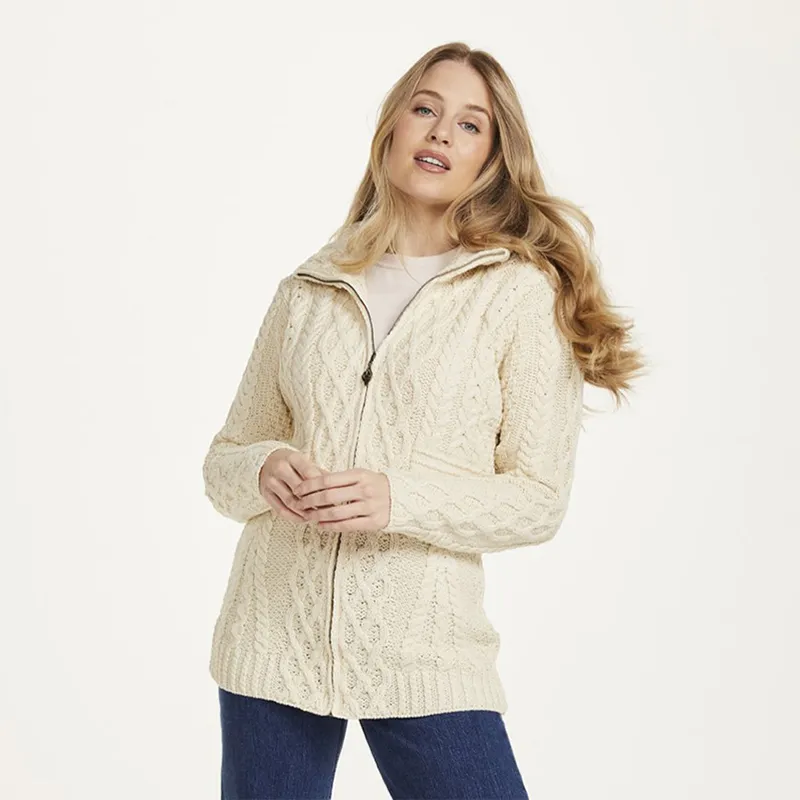 A20322 Color NATURAL WHITE Premium Merino Long Aran Knit Cardigan Gaelsong