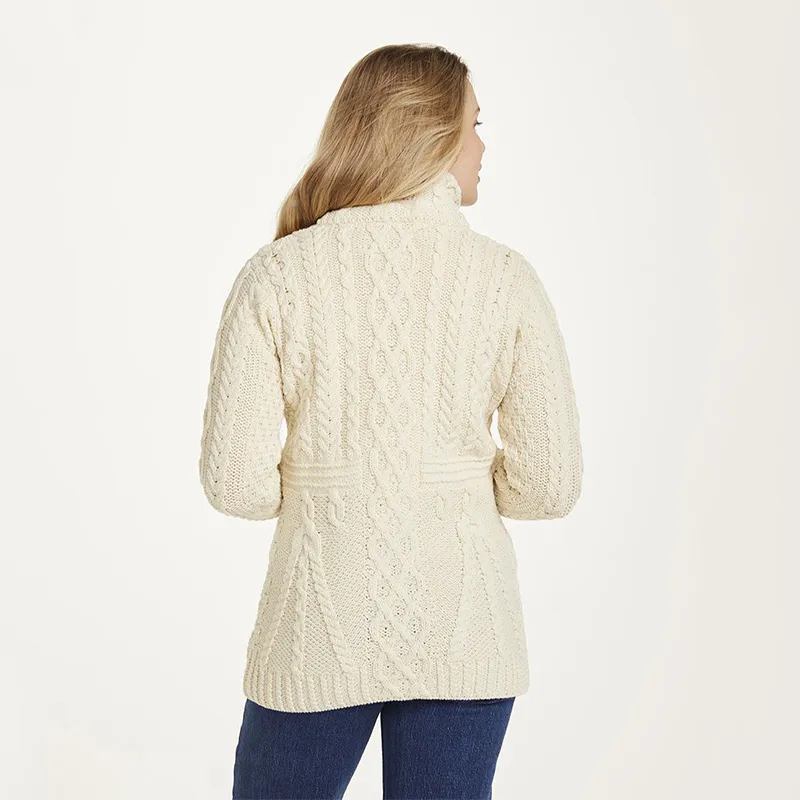 A20322 Color NATURAL WHITE Premium Merino Long Aran Knit Cardigan Back Side Gaelsong
