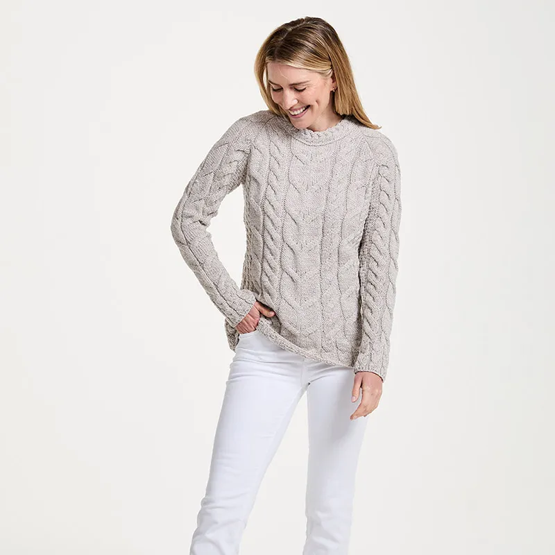 A20323 Color MISTY GREY SuperSoft Merino Oversized Cable Knit Sweater Front View Gaelsong
