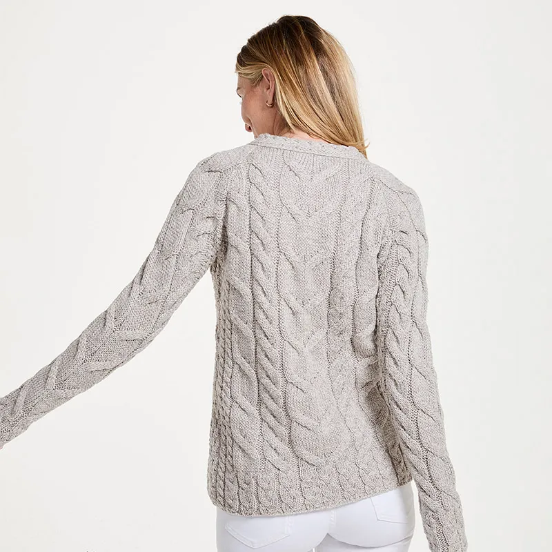 A20323 Color MISTY GREY SuperSoft Merino Oversized Cable Knit Sweater Back View Gaelsong