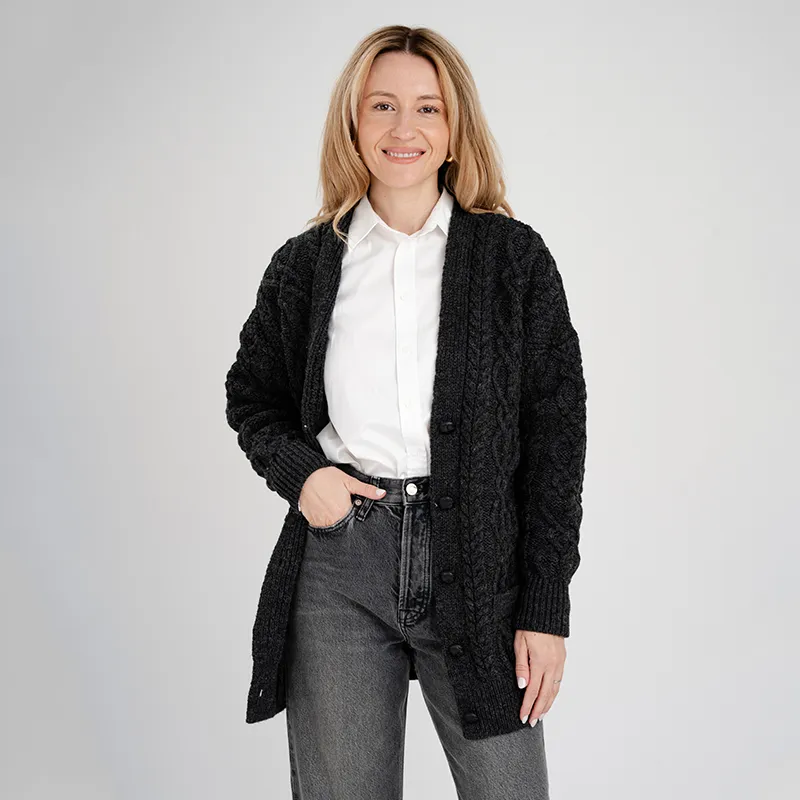 A20324 CHARCOAL  Colour Chunky Cable Knit Boyfriend Cardigan Open Front  Gaelsong