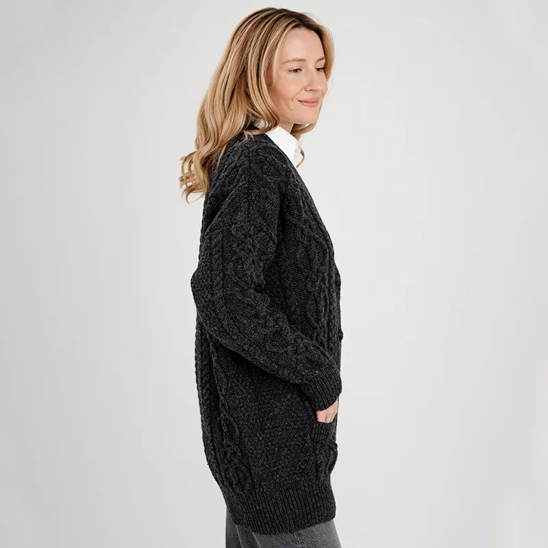 A20324 CHARCOAL  Colour Chunky Cable Knit Boyfriend Cardigan Side View Gaelsong