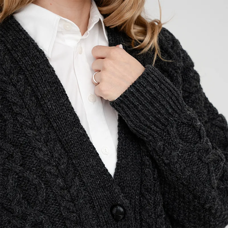 A20324 CHARCOAL  Colour Chunky Cable Knit Boyfriend Cardigan Sleeve Closeup View Knit Gaelsong