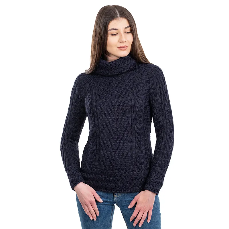 A20325 Color NAVY BLUE Womens Traditional Merino Wool Blend Sweater Front View Gaelsong