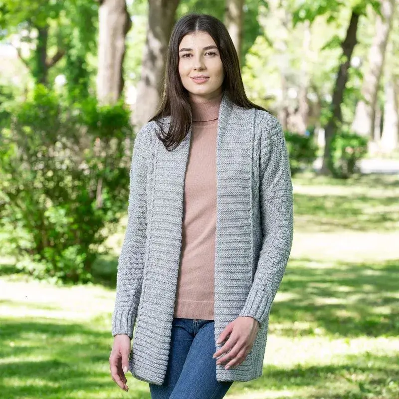 A20326 GREY Ladies Cable Knit Open Front Cardigan Lifestyle Gaelsong