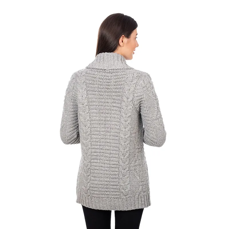 A20326 GREY Ladies Cable Knit Open Front Cardigan Back Side View Studio Gaelsong