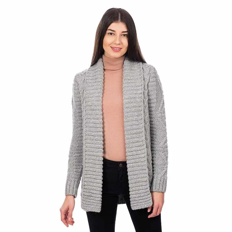 A20326 GREY Ladies Cable Knit Open Front Cardigan Front View Studio Gaelsong