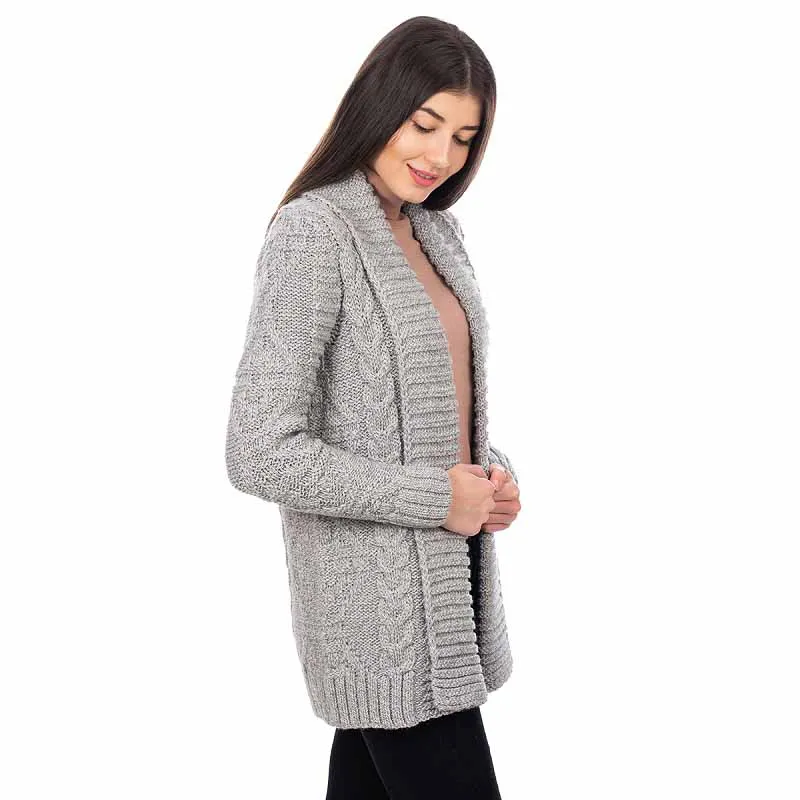 A20326 GREY Ladies Cable Knit Open Front Cardigan Side View Studio Gaelsong