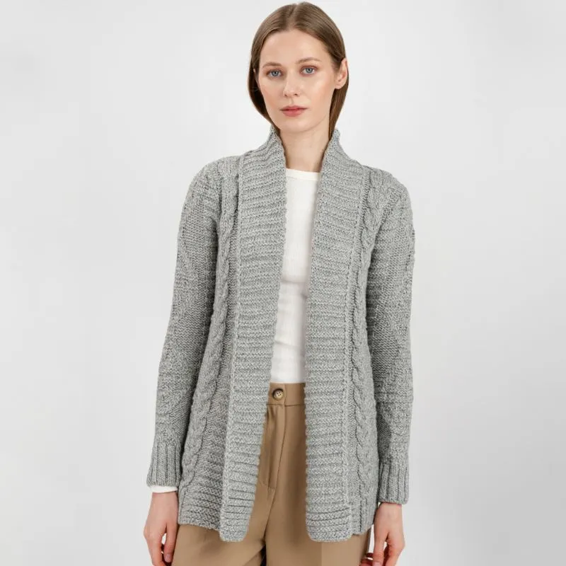 A20326 GREY Ladies Cable Knit Open Front Cardigan Gaelsong