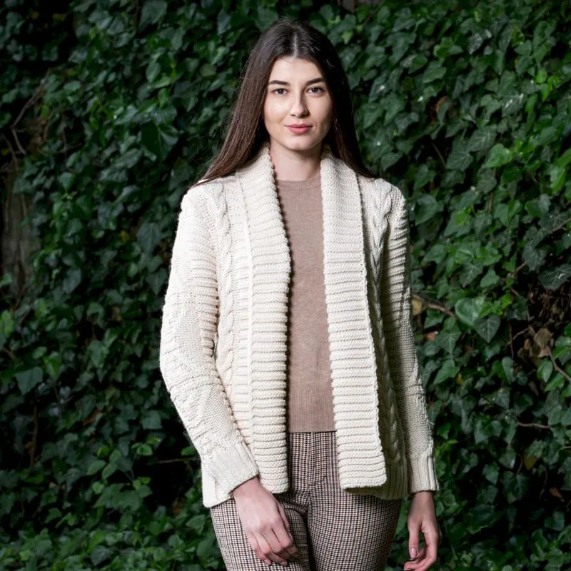 A20326 NATURAL WHITE Ladies Cable Knit Open Front Cardigan Lifestyle Gaelsong