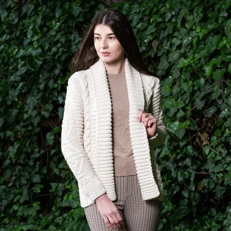 A20326 NATURAL WHITE Ladies Cable Knit Open Front Cardigan Gaelsong