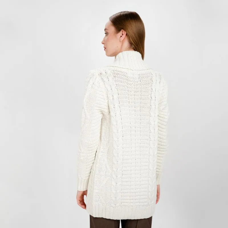 A20326 NATURAL WHITE Ladies Cable Knit Open Front Cardigan Back Gaelsong