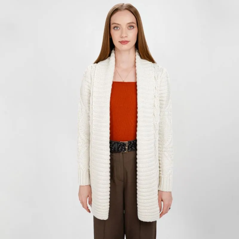 A20326 NATURAL WHITE Ladies Cable Knit Open Front Cardigan Gaelsong