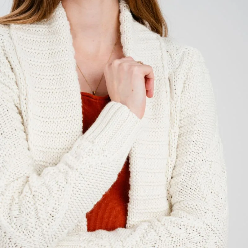 A20326 NATURAL WHITE Ladies Cable Knit Open Front Cardigan Gaelsong