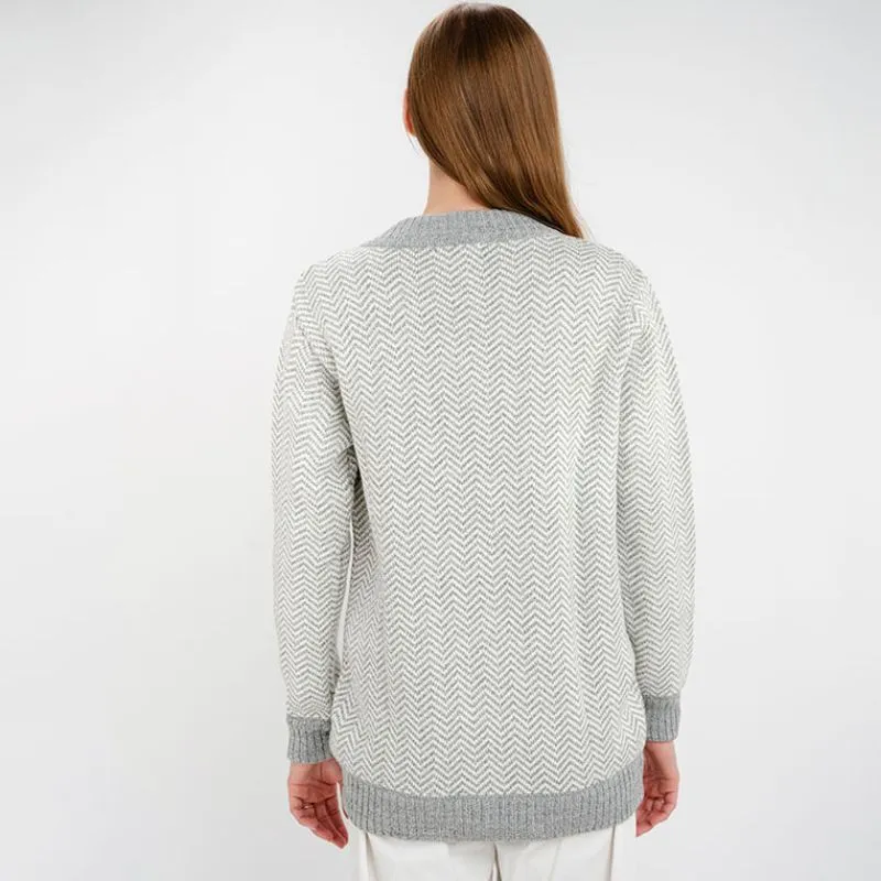 A20327 GREY Merino Wool Irish Herringbone Cardigan Back Gaelsong