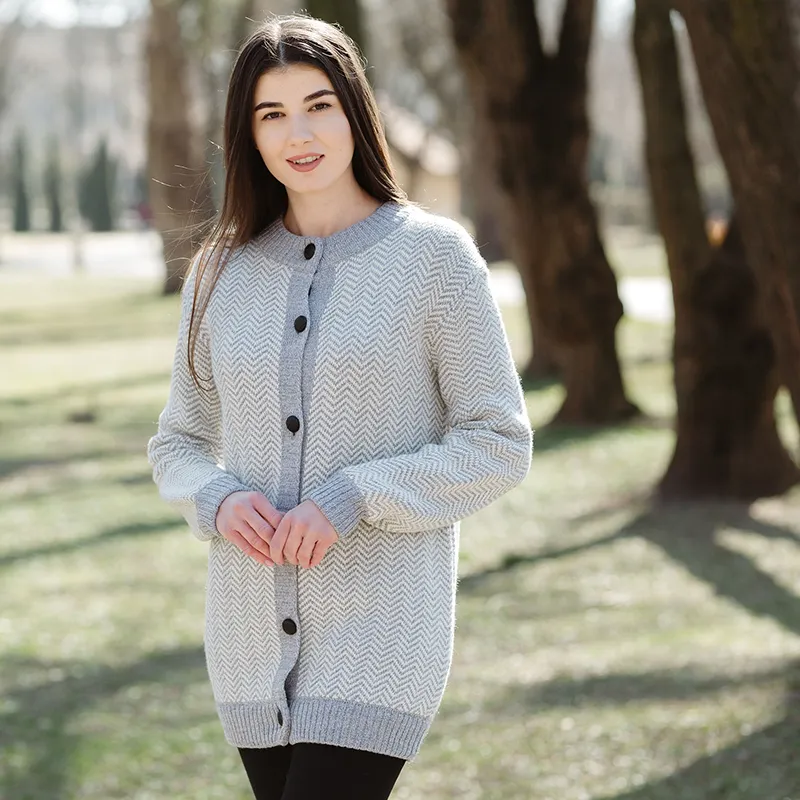 A20327 GREY Merino Wool Irish Herringbone Cardigan Lifestyle Gaelsong