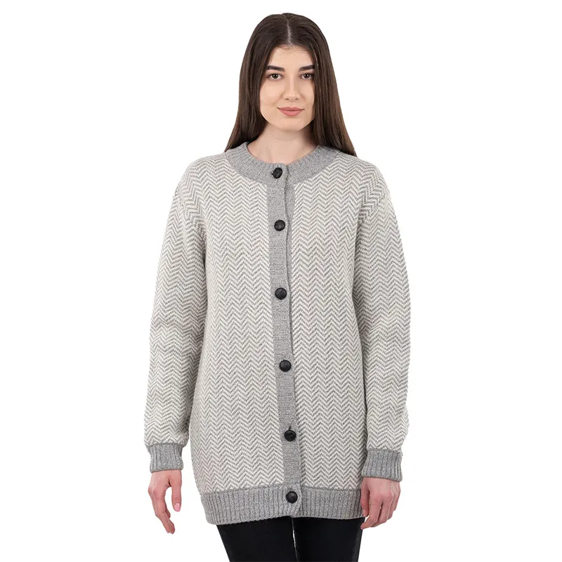 A20327 GREY Merino Wool Irish Herringbone Cardigan Studio Gaelsong