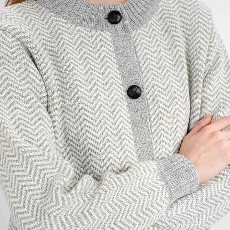 A20327 GREY Merino Wool Irish Herringbone Cardigan Gaelsong