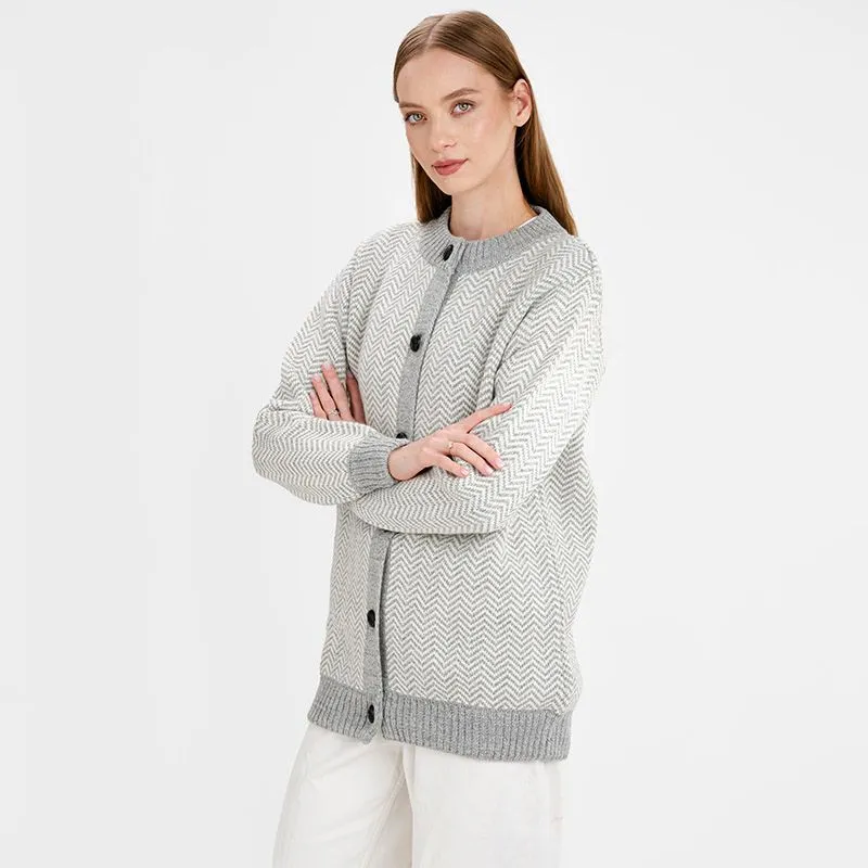 A20327 GREY Merino Wool Irish Herringbone Cardigan Side Gaelsong