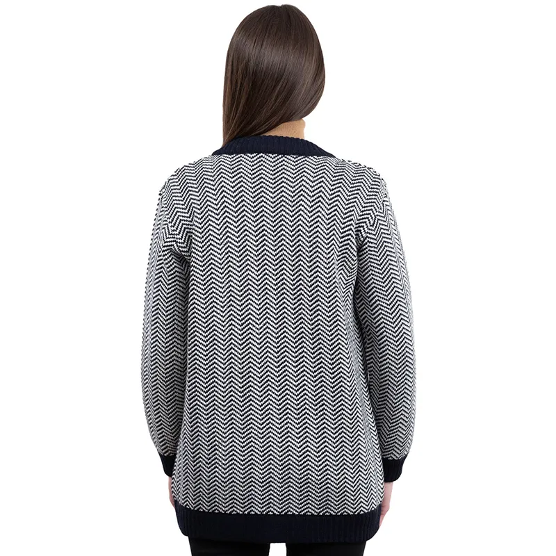 A20327 NAVY BLUE Merino Wool Irish Herringbone Cardigan Studio Back Side Gaelsong
