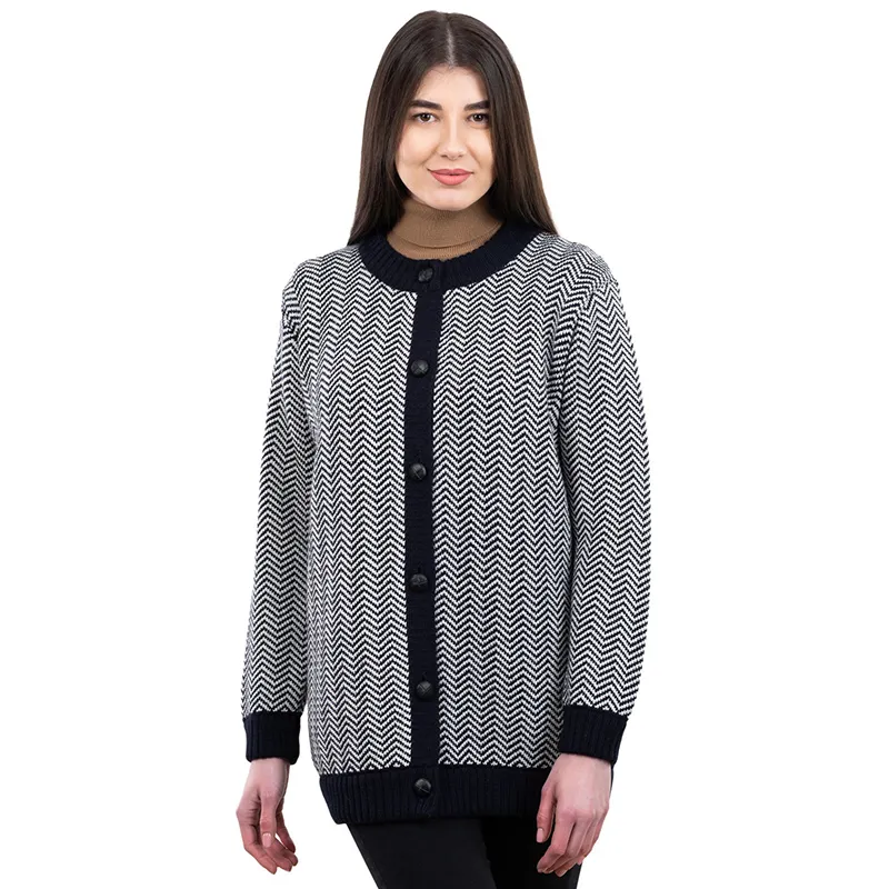 A20327 NAVY BLUE Merino Wool Irish Herringbone Cardigan Studio Gaelsong