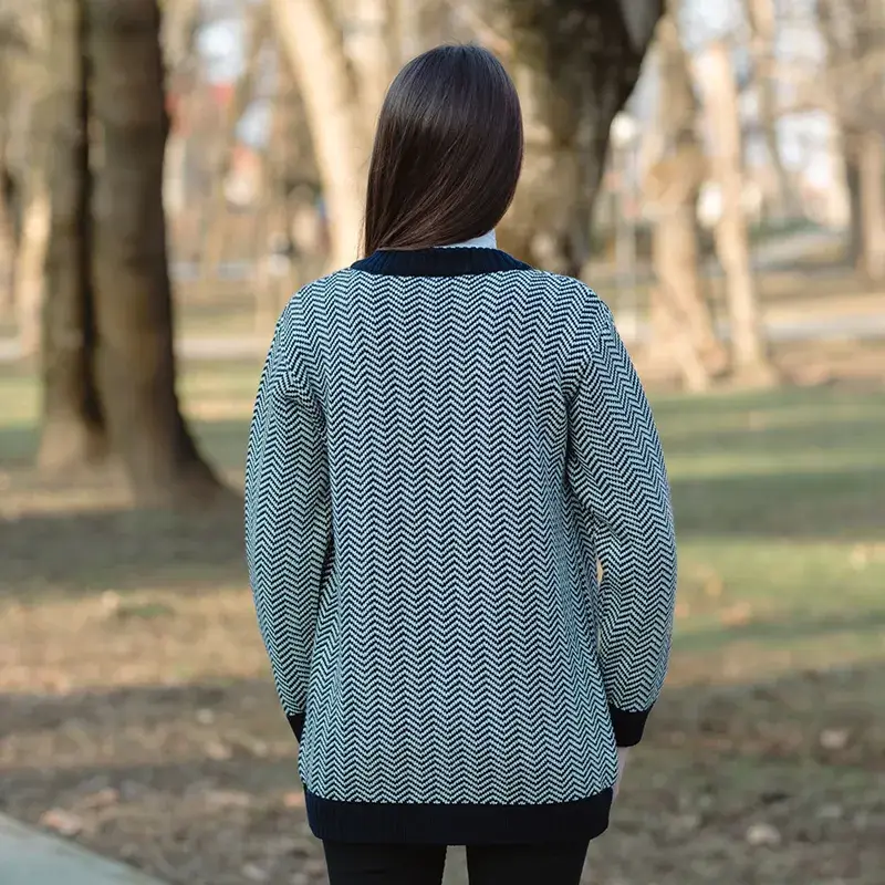 A20327 NAVY BLUE Merino Wool Irish Herringbone Cardigan Back Side Gaelsong