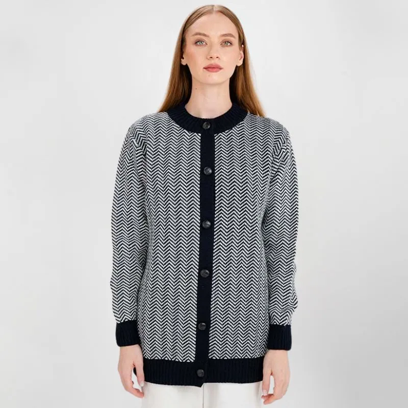 A20327 NAVY BLUE Merino Wool Irish Herringbone Cardigan Gaelsong